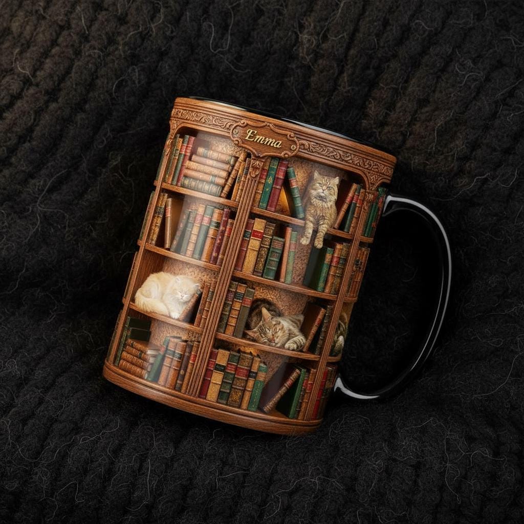 Personalized Book Cat Lover Mug, Custom Bookshelf with Sleeping Cat Coffee Cup, Gift for Reading Lover - image 3