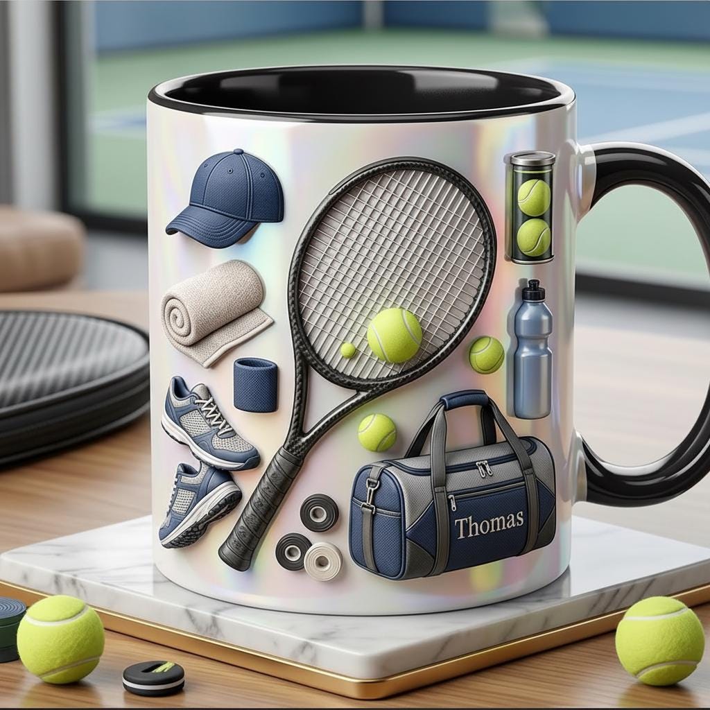 Personalized Tennis Accent Mug, Cute Tennis Coffee Cup, Gift For Tennis Lover, Faux 3D Effect - image 4