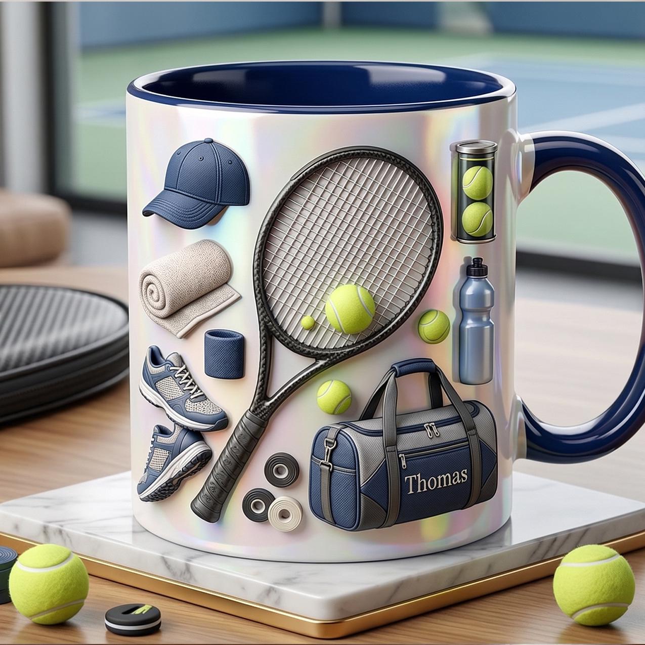 Personalized Tennis Accent Mug, Cute Tennis Coffee Cup, Gift For Tennis Lover, Faux 3D Effect