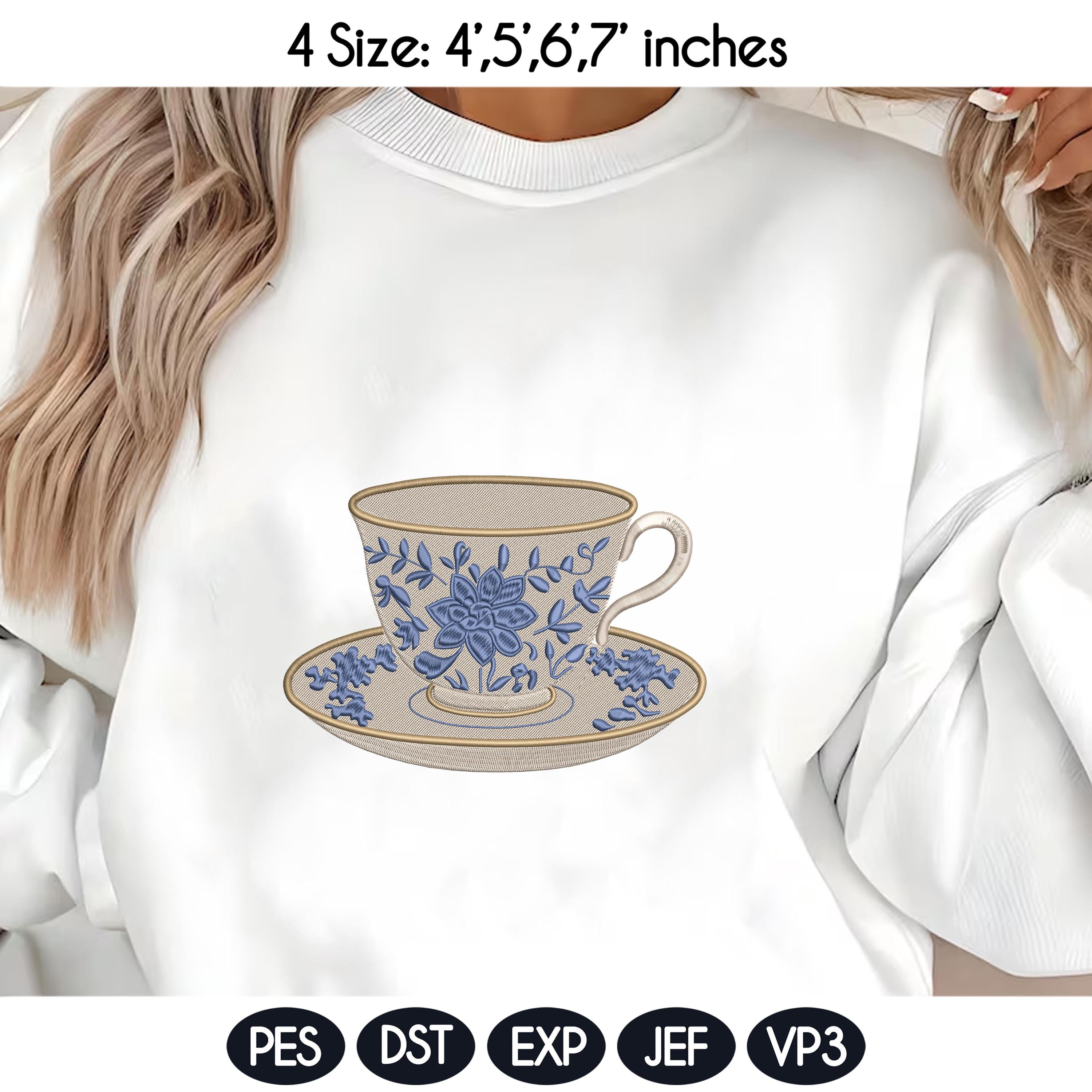Chinoiserie Teacup Embroidery Design, Blue Floral Tea Cup & Saucer, Vintage Porcelain Cup, Cottagecore Decor, 4 Sizes, Instant Download - image 5