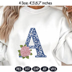 Chinoiserie Floral Alphabet A–Z Embroidery Design, Blue White Monogram Letters with Hydrangea, Elegant Font,4 Sizes,Digital Instant Download - image 5