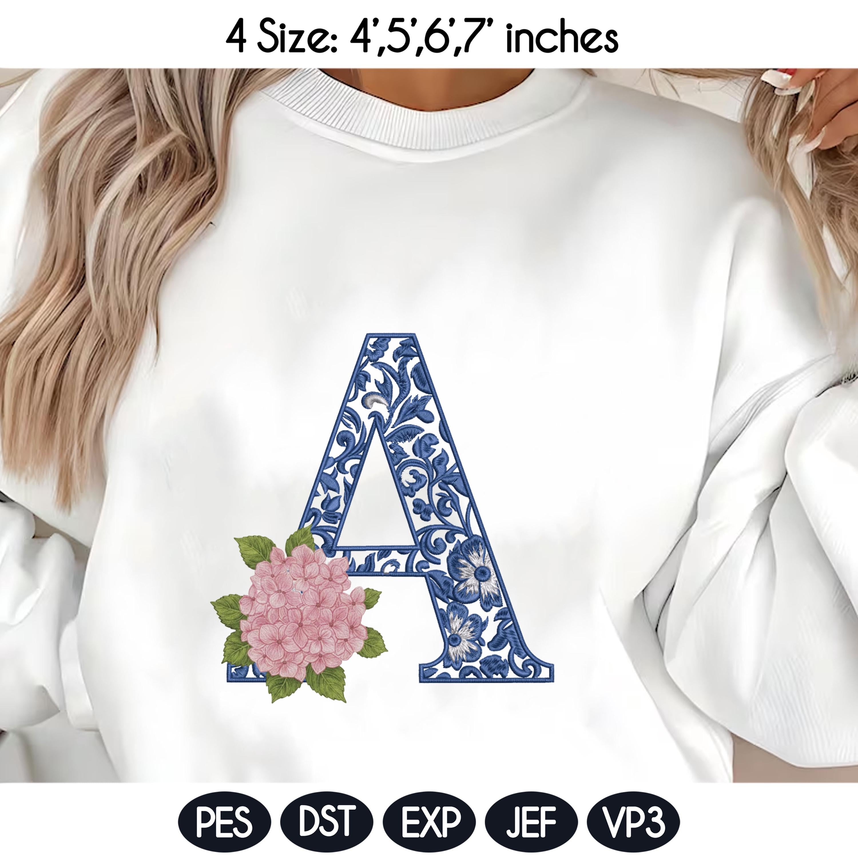 Chinoiserie Floral Alphabet A–Z Embroidery Design, Blue White Monogram Letters with Hydrangea, Elegant Font,4 Sizes,Digital Instant Download - image 5