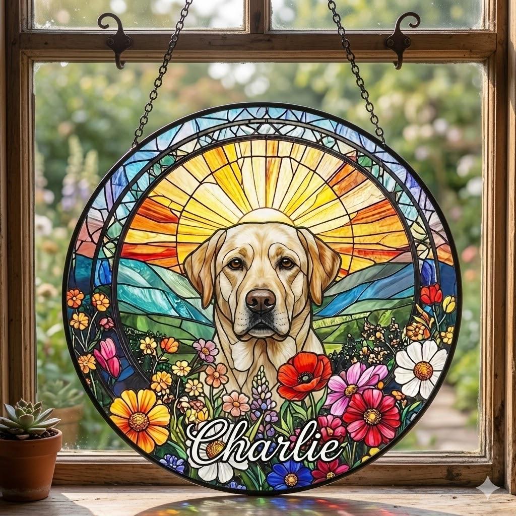 Personalized Labrador Retriever Dog Portrait Stained Glass Suncatcher, Custom Pet Memorial Stained Glass Photo Suncatcher, Dog Loss Keepsake