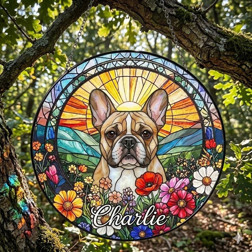 Personalized French Bulldog Dog Portrait Stained Glass Suncatcher, Custom Pet Memorial Stained Glass Photo Suncatcher, Dog Loss Keepsake - image 2
