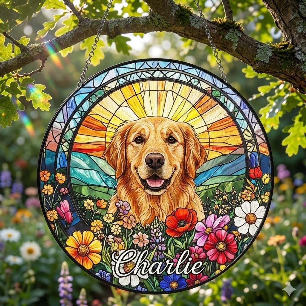 Personalized Golden Retriever Dog Portrait Stained Glass Suncatcher, Custom Pet Memorial Stained Glass Photo Suncatcher, Dog Loss Keepsake - image 3