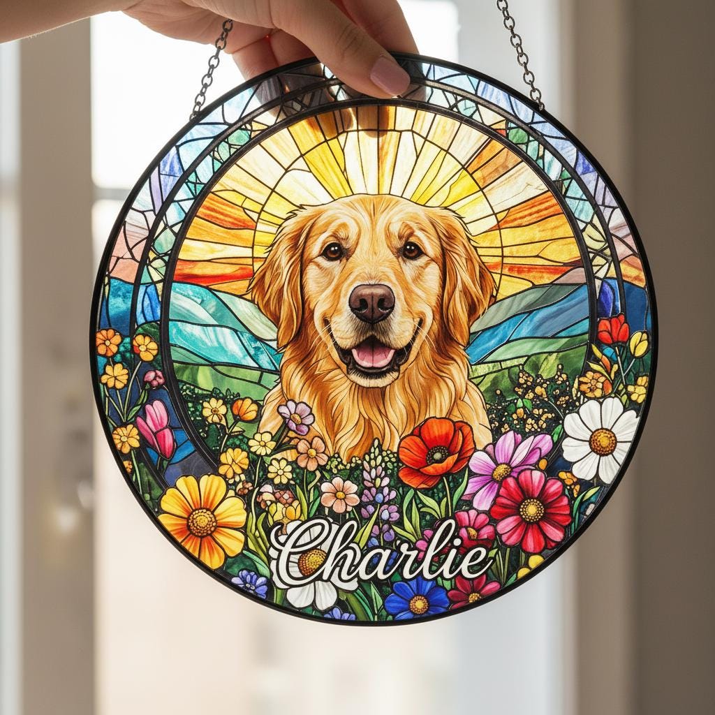 Personalized Golden Retriever Dog Portrait Stained Glass Suncatcher, Custom Pet Memorial Stained Glass Photo Suncatcher, Dog Loss Keepsake - image 2