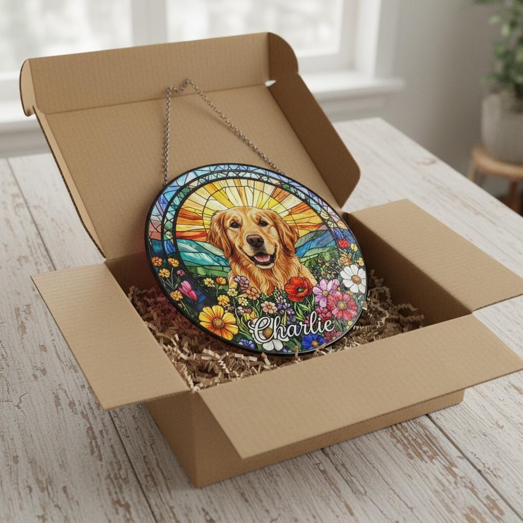 Personalized Golden Retriever Dog Portrait Stained Glass Suncatcher, Custom Pet Memorial Stained Glass Photo Suncatcher, Dog Loss Keepsake - image 4