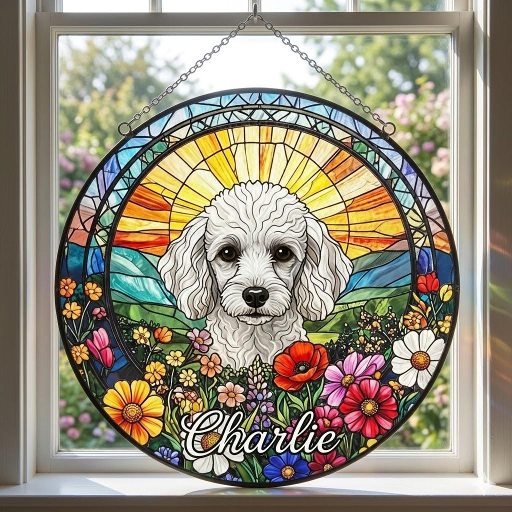 Personalized Poodle Dog Portrait Stained Glass Suncatcher, Custom Pet Memorial Stained Glass Photo Suncatcher, Dog Loss Keepsake