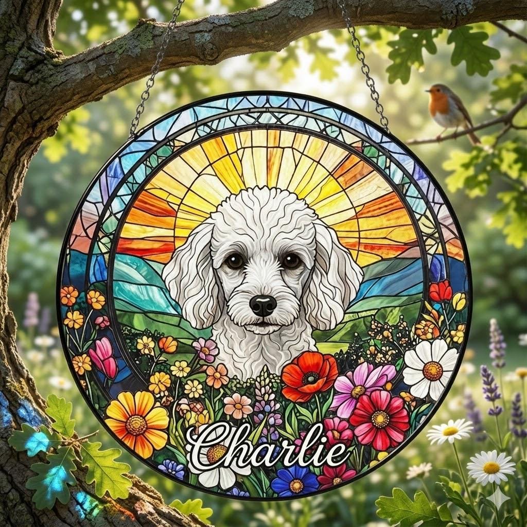 Personalized Poodle Dog Portrait Stained Glass Suncatcher, Custom Pet Memorial Stained Glass Photo Suncatcher, Dog Loss Keepsake - image 2