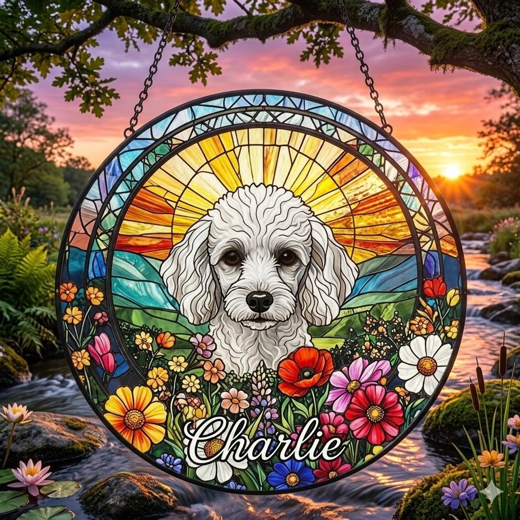 Personalized Poodle Dog Portrait Stained Glass Suncatcher, Custom Pet Memorial Stained Glass Photo Suncatcher, Dog Loss Keepsake - image 3