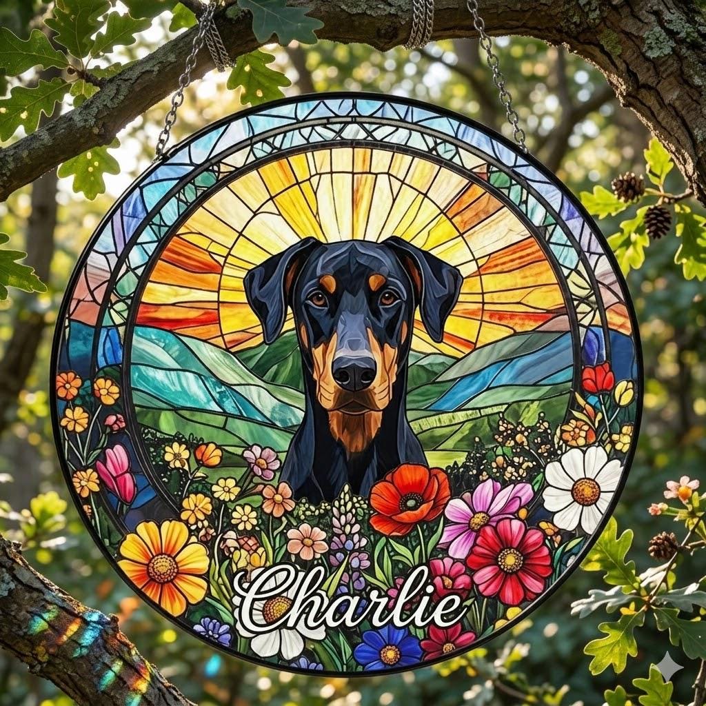 Personalized Doberman Pinscher Dog Portrait Stained Glass Suncatcher, Custom Pet Memorial Stained Glass Photo Suncatcher, Dog Loss Keepsake - image 3