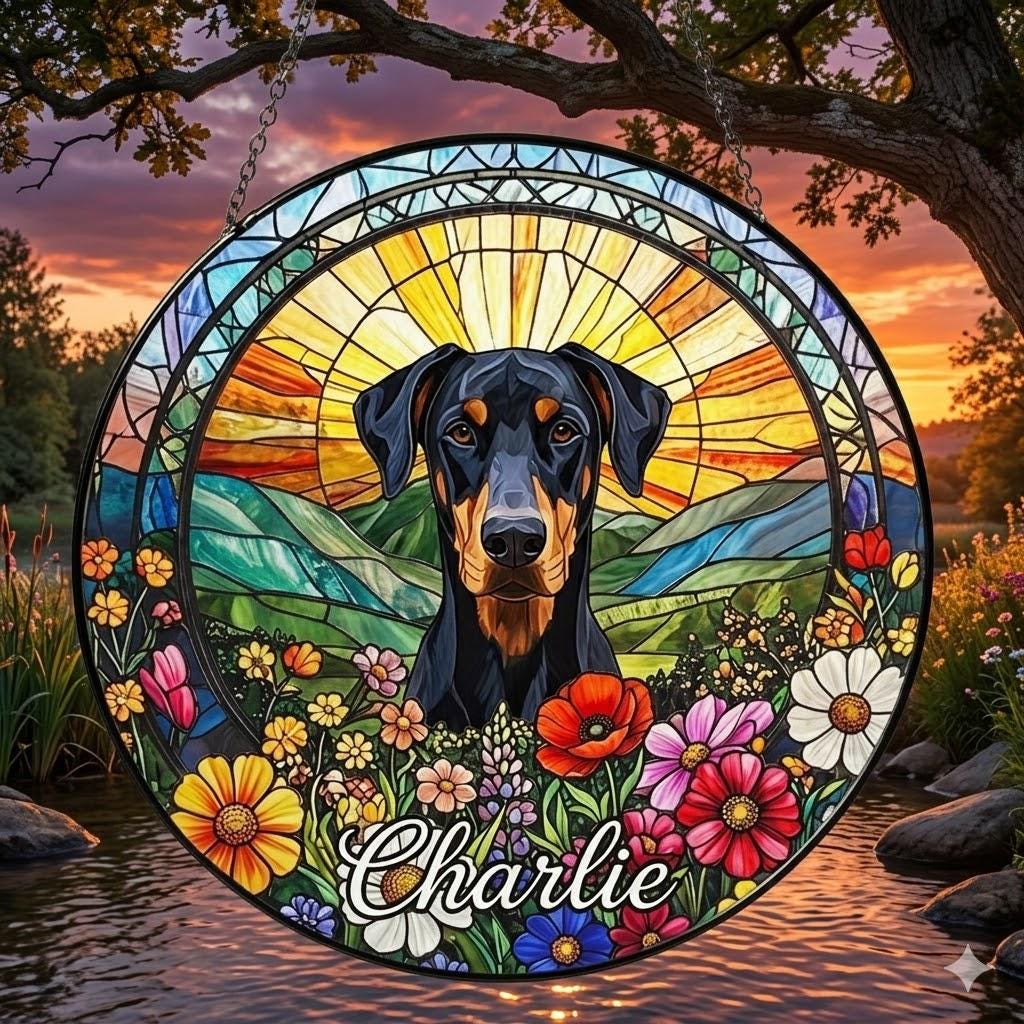Personalized Doberman Pinscher Dog Portrait Stained Glass Suncatcher, Custom Pet Memorial Stained Glass Photo Suncatcher, Dog Loss Keepsake - image 4