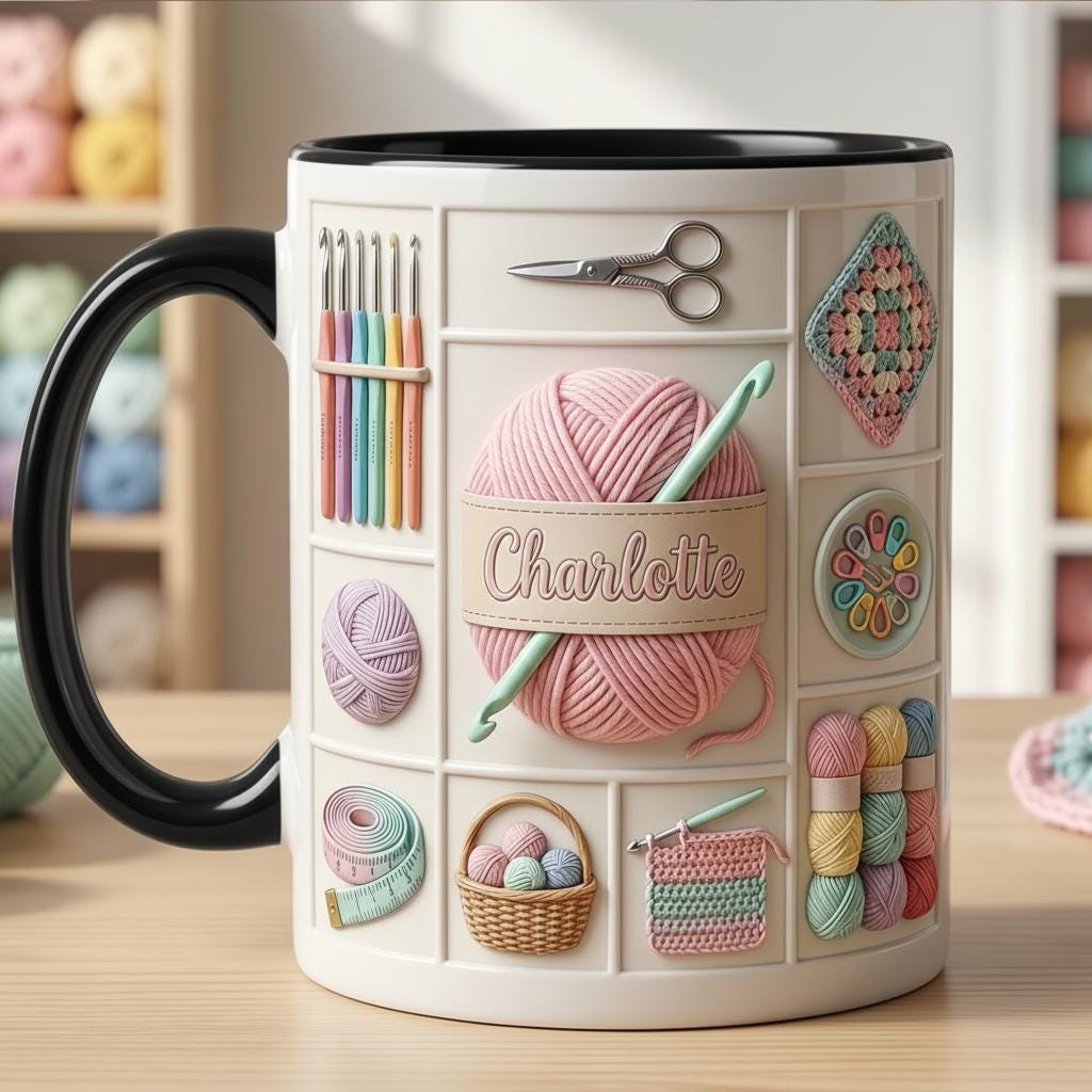 Personalized Crochet Mug, Knitting Lover Gift, Handmade With Love Coffee Cup, Faux 3D Effect - image 5