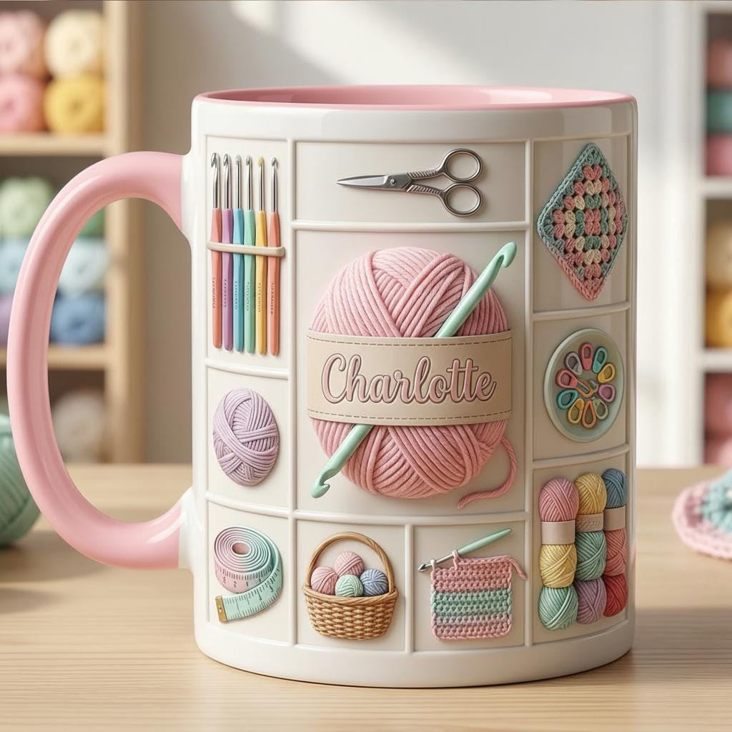 Personalized Crochet Mug, Knitting Lover Gift, Handmade With Love Coffee Cup, Faux 3D Effect