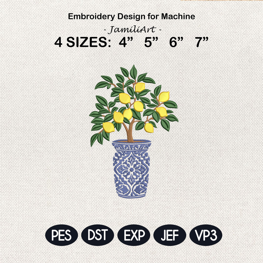 Chinoiserie Lemon Tree Embroidery Design, Blue Chinoiserie Vase, Summer Machine Embroidery PES DST, 4 sizes, Digital Instant Download