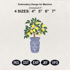 Chinoiserie Lemon Tree Embroidery Design, Blue Chinoiserie Vase, Summer Machine Embroidery PES DST, 4 sizes, Digital Instant Download