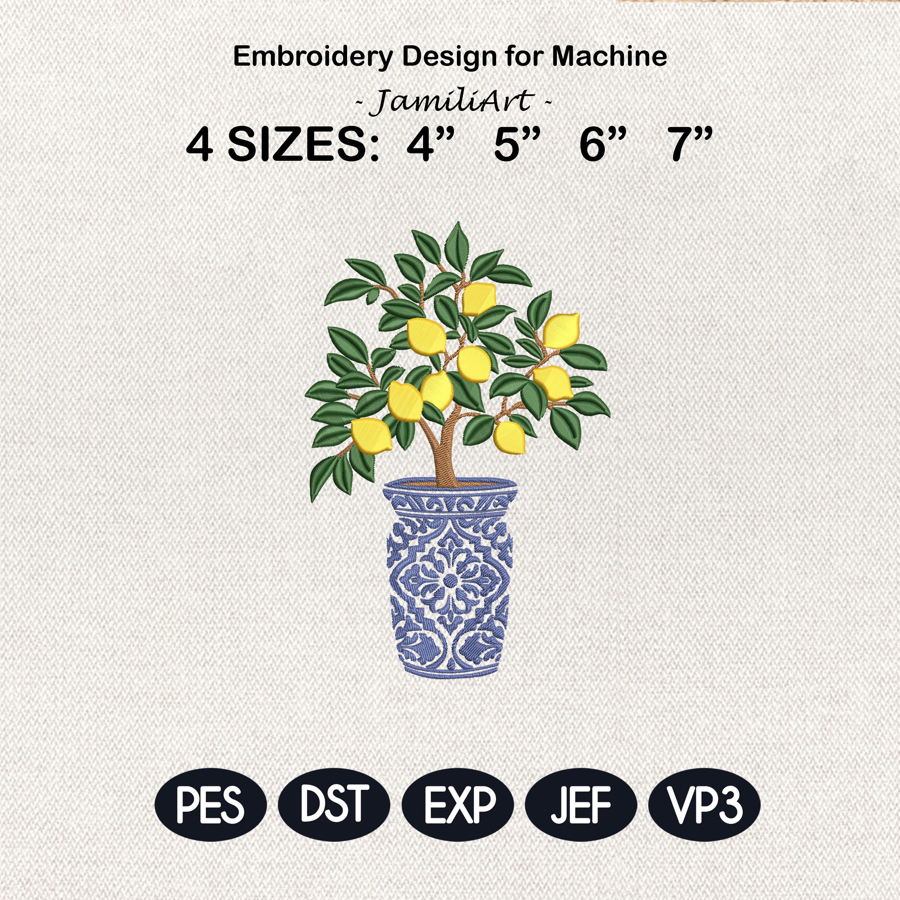 Chinoiserie Lemon Tree Embroidery Design, Blue Chinoiserie Vase, Summer Machine Embroidery PES DST, 4 sizes, Digital Instant Download