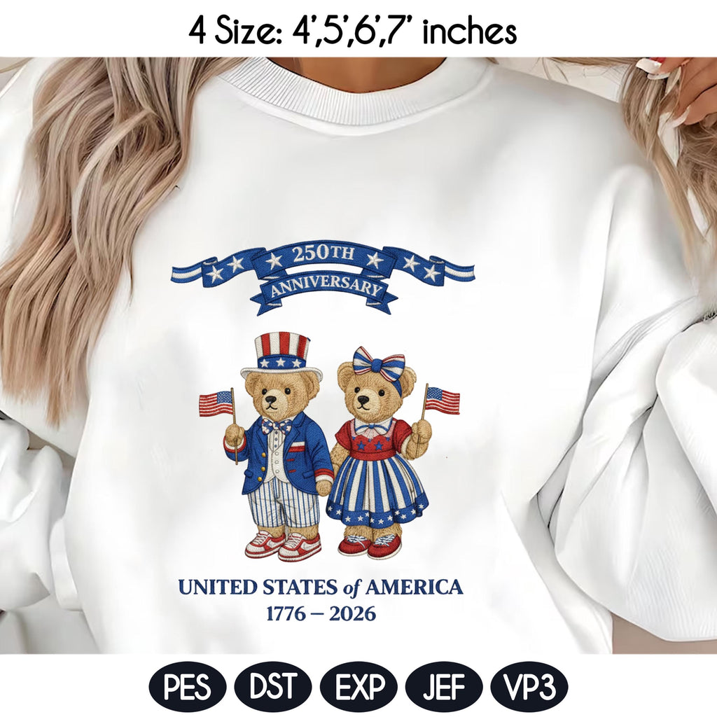 USA 250th Anniversary Embroidery Design, Patriotic Teddy Bear Embroidery, 4th of July Bear Machine Embroidery, American Independence - image 3