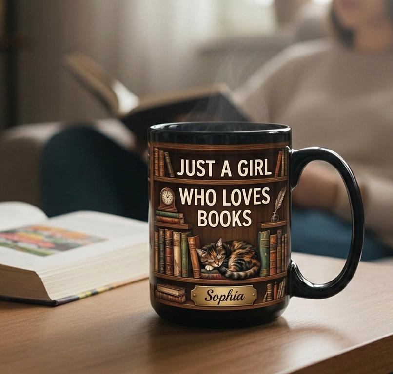 Personalized Book Cat Lover Mug, Custom Bookshelf with Sleeping Cat Coffee Cup, Gift for Reading Lover