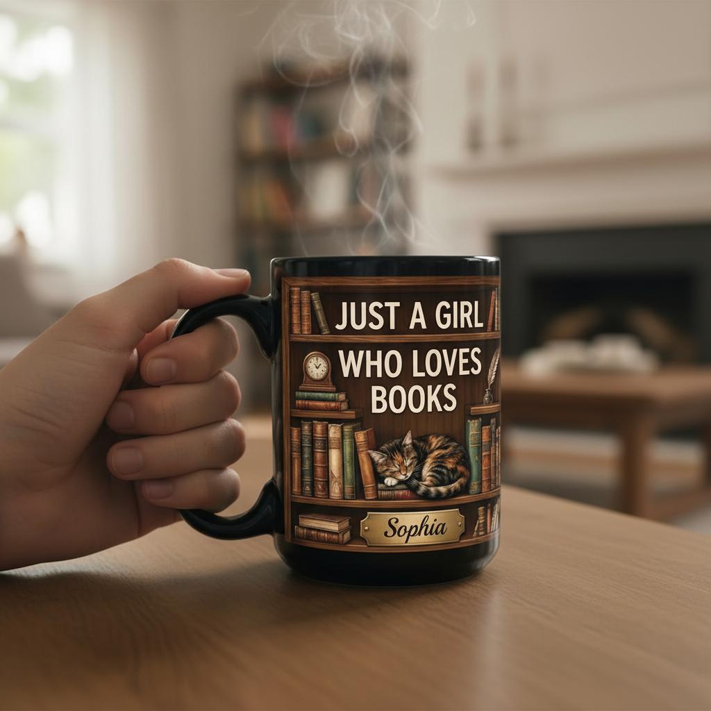 Personalized Book Cat Lover Mug, Custom Bookshelf with Sleeping Cat Coffee Cup, Gift for Reading Lover - image 3