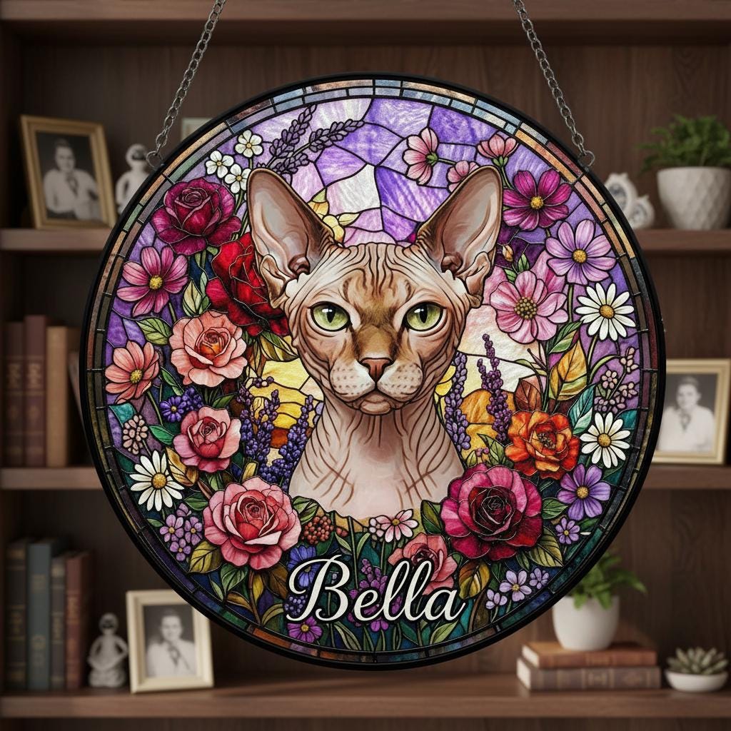 Personalized Sphynx  Cat Portrait Stained Glass Suncatcher, Custom Pet Memorial Stained Glass Photo Suncatcher, Cat Loss Keepsake - image 2