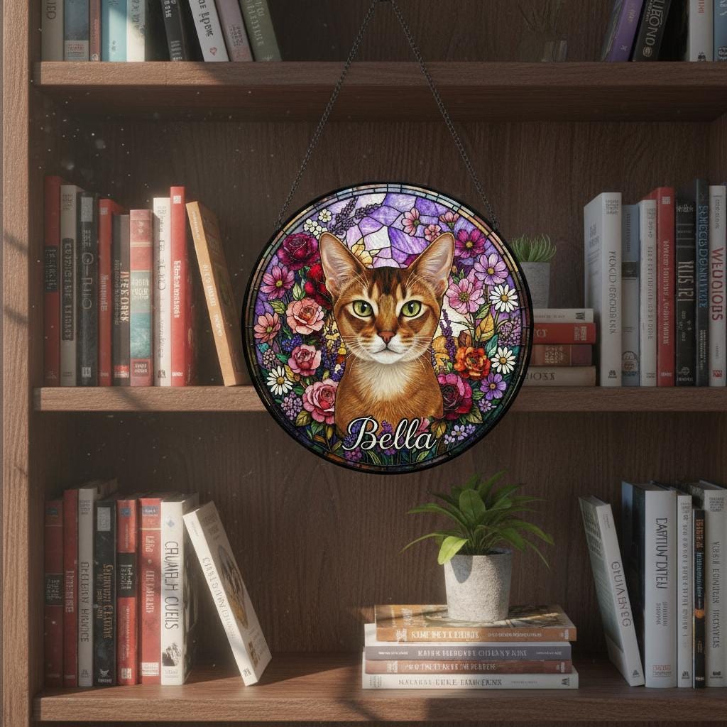 Personalized Abyssinian Cat Portrait Stained Glass Suncatcher, Custom Pet Memorial Stained Glass Photo Suncatcher, Cat Loss Keepsake - image 5