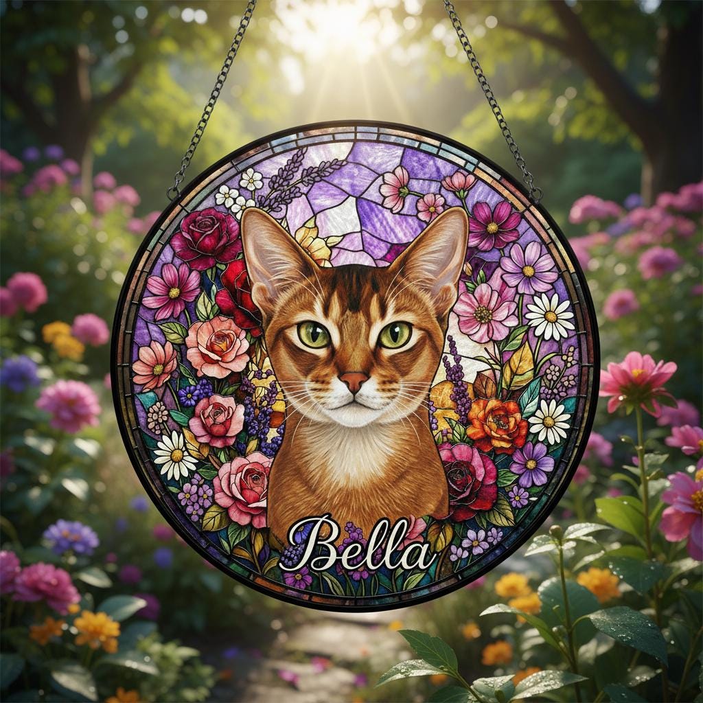 Personalized Abyssinian Cat Portrait Stained Glass Suncatcher, Custom Pet Memorial Stained Glass Photo Suncatcher, Cat Loss Keepsake - image 2