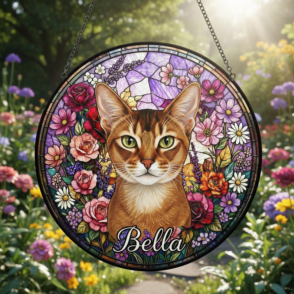 Personalized Abyssinian Cat Portrait Stained Glass Suncatcher, Custom Pet Memorial Stained Glass Photo Suncatcher, Cat Loss Keepsake - image 3