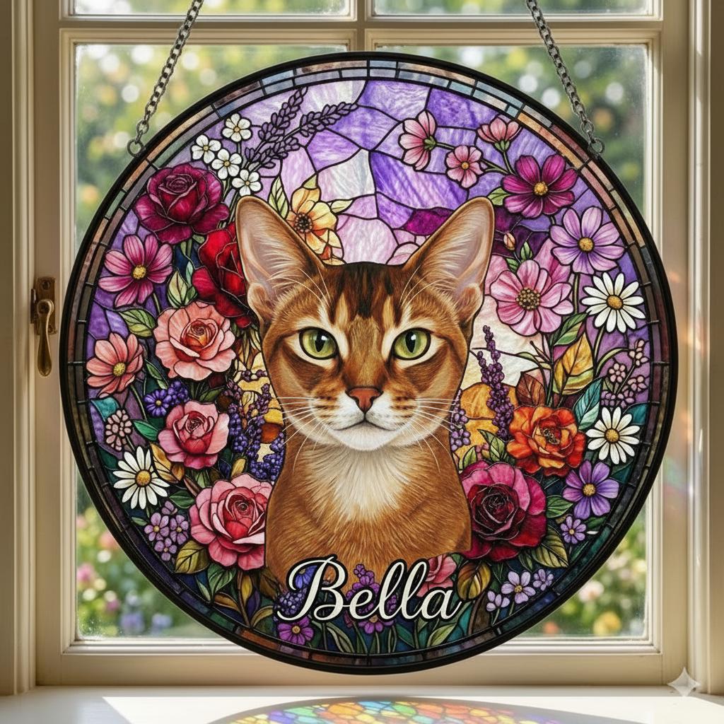 Personalized Abyssinian Cat Portrait Stained Glass Suncatcher, Custom Pet Memorial Stained Glass Photo Suncatcher, Cat Loss Keepsake
