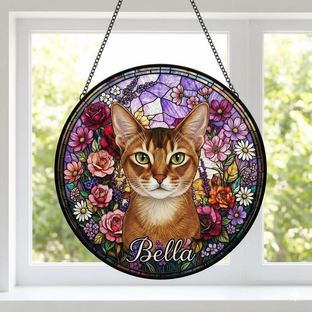 Personalized Abyssinian Cat Portrait Stained Glass Suncatcher, Custom Pet Memorial Stained Glass Photo Suncatcher, Cat Loss Keepsake - image 4