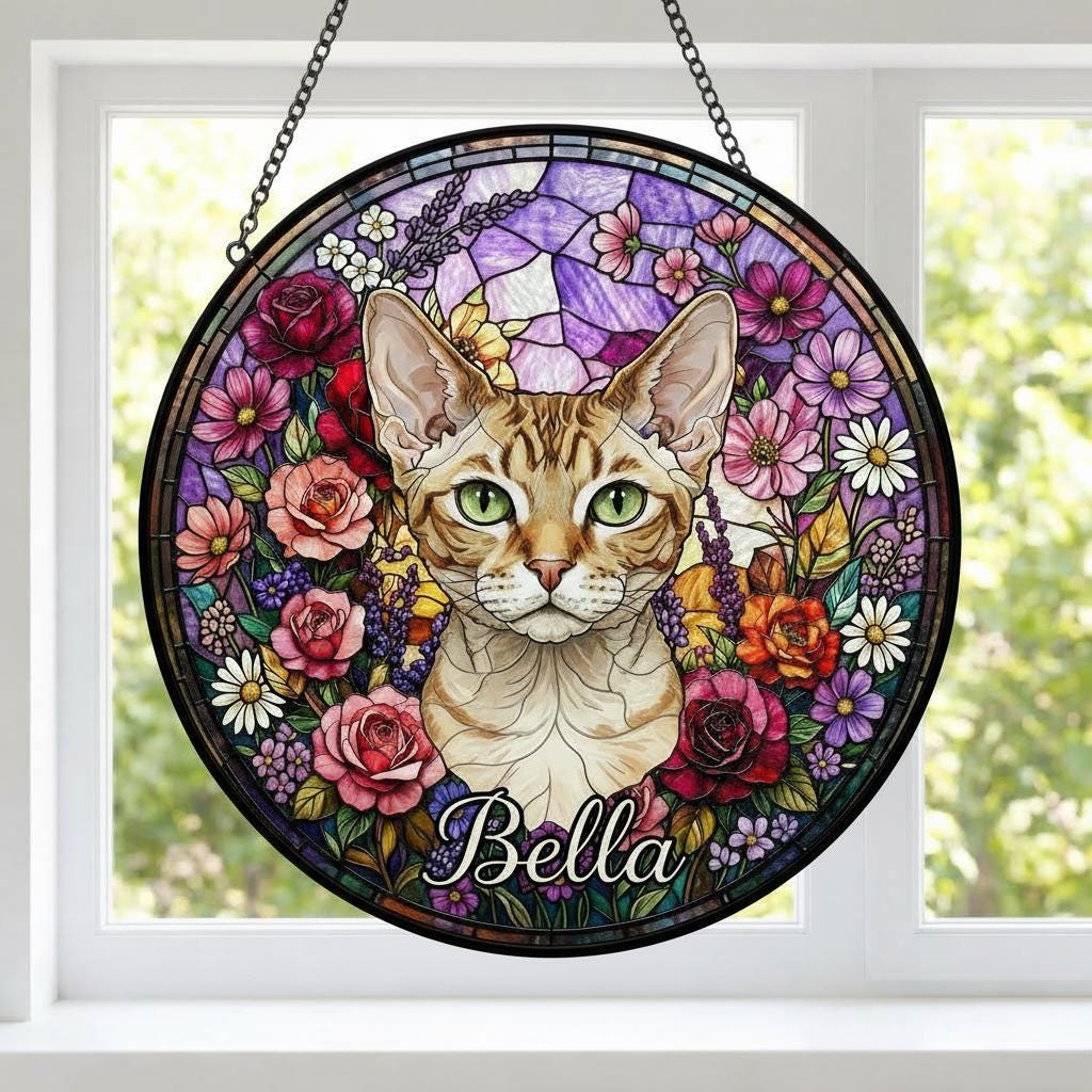 Personalized Devon Rex Cat Portrait Stained Glass Suncatcher, Custom Pet Memorial Stained Glass Photo Suncatcher, Cat Loss Keepsake - image 2