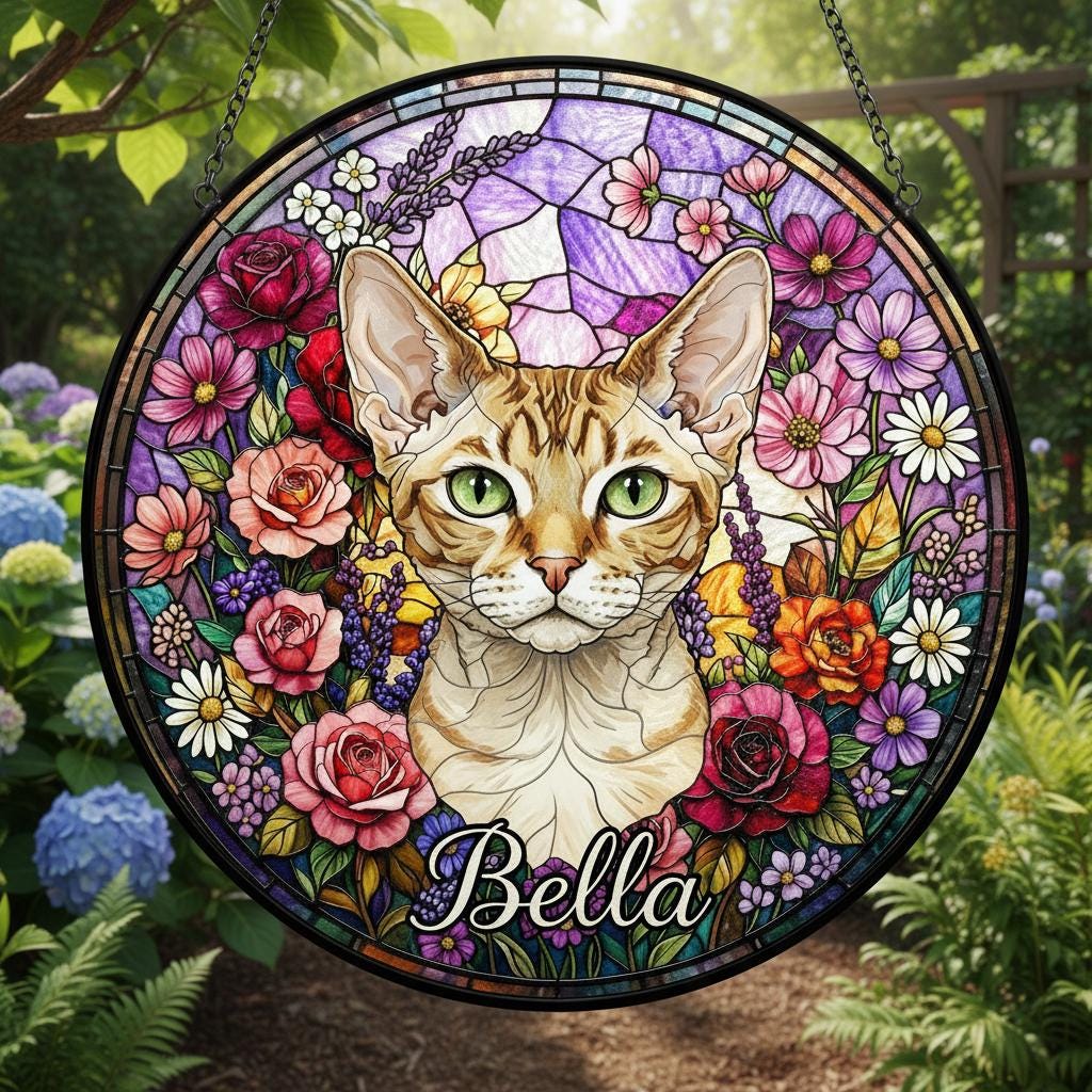 Personalized Devon Rex Cat Portrait Stained Glass Suncatcher, Custom Pet Memorial Stained Glass Photo Suncatcher, Cat Loss Keepsake - image 3