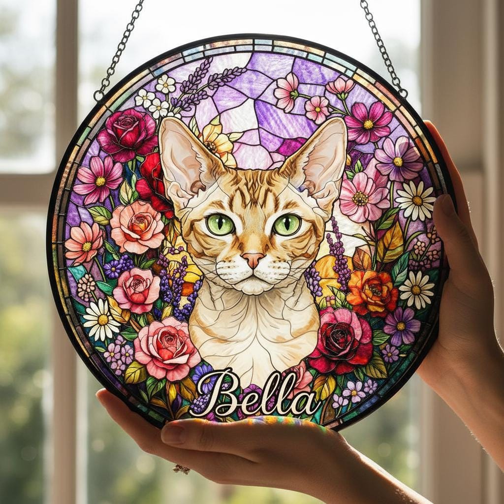 Personalized Devon Rex Cat Portrait Stained Glass Suncatcher, Custom Pet Memorial Stained Glass Photo Suncatcher, Cat Loss Keepsake - image 4