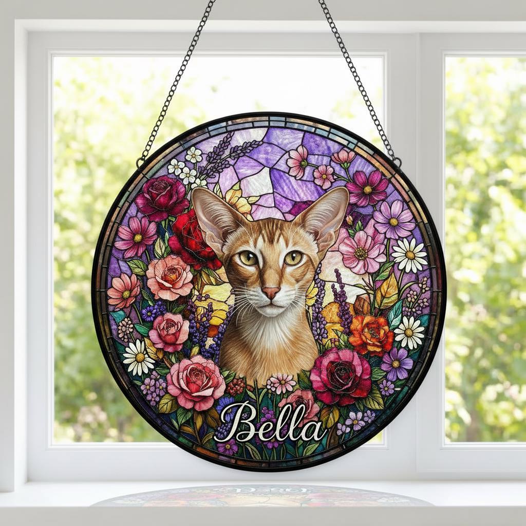 Personalized Oriental Shorthair Cat Portrait Stained Glass Suncatcher, Custom Pet Memorial Stained Glass Photo Suncatcher, Cat Loss Keepsake - image 3