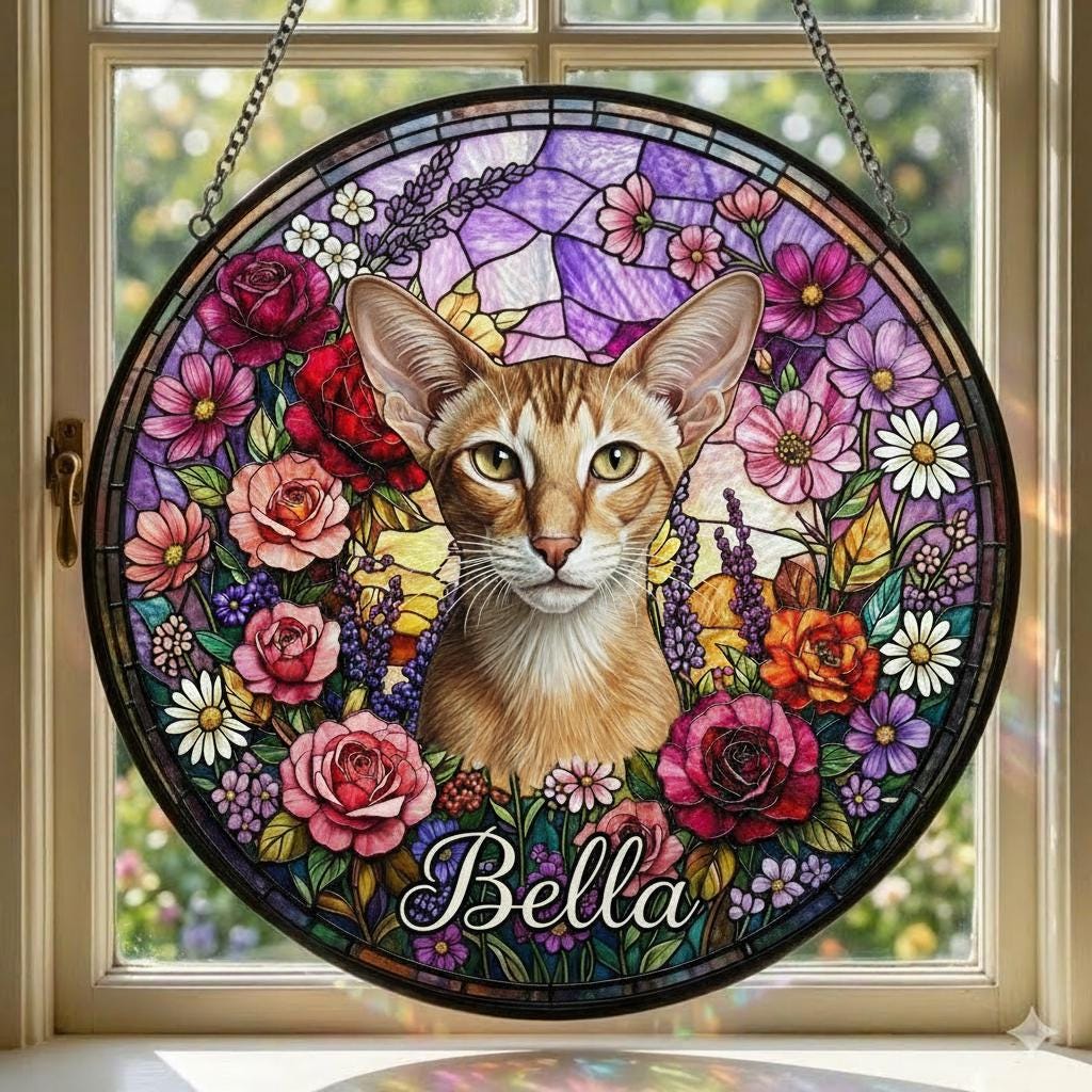 Personalized Oriental Shorthair Cat Portrait Stained Glass Suncatcher, Custom Pet Memorial Stained Glass Photo Suncatcher, Cat Loss Keepsake