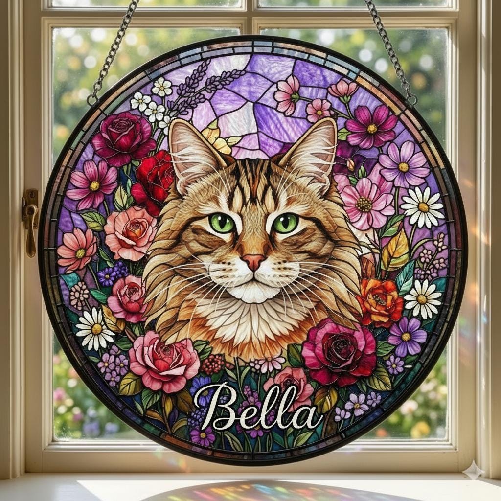 Personalized Norwegian Forest Cat Portrait Stained Glass Suncatcher, Custom Pet Memorial Stained Glass Photo Suncatcher, Cat Loss Keepsake