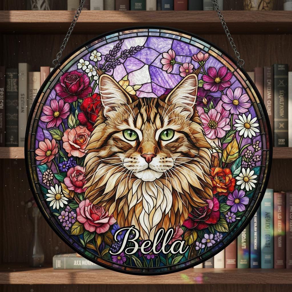Personalized Norwegian Forest Cat Portrait Stained Glass Suncatcher, Custom Pet Memorial Stained Glass Photo Suncatcher, Cat Loss Keepsake - image 3