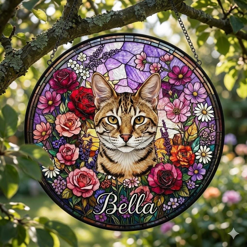 Personalized Savannah Cat Portrait Stained Glass Suncatcher, Custom Pet Memorial Stained Glass Photo Suncatcher, Cat Loss Keepsake - image 2