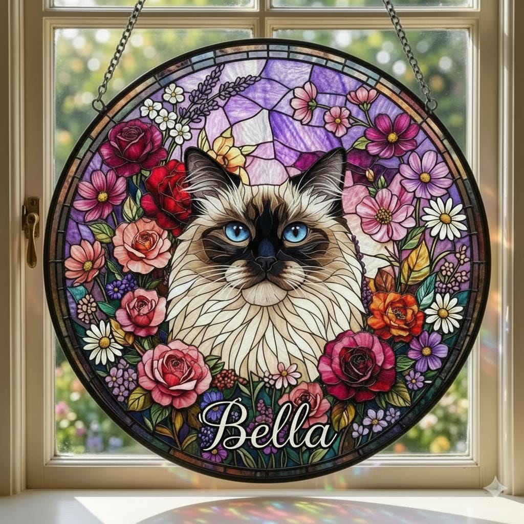 Personalized Himalayan Cat Portrait Stained Glass Suncatcher, Custom Pet Memorial Stained Glass Photo Suncatcher, Cat Loss Keepsake