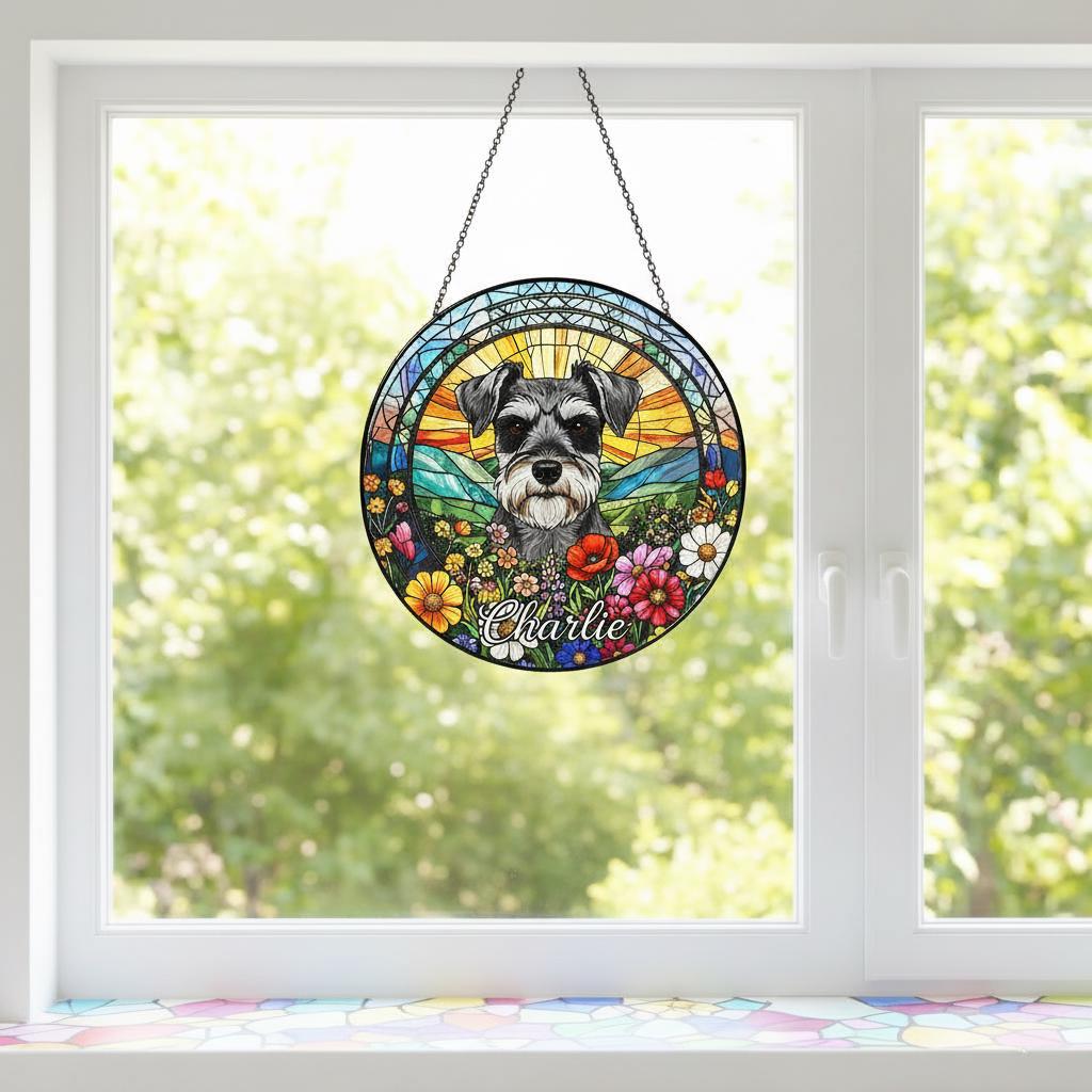 Personalized Miniature Schnauzer Dog Portrait Stained Glass Suncatcher, Custom Pet Memorial Stained Glass Photo Suncatcher,Dog Loss Keepsake - image 5