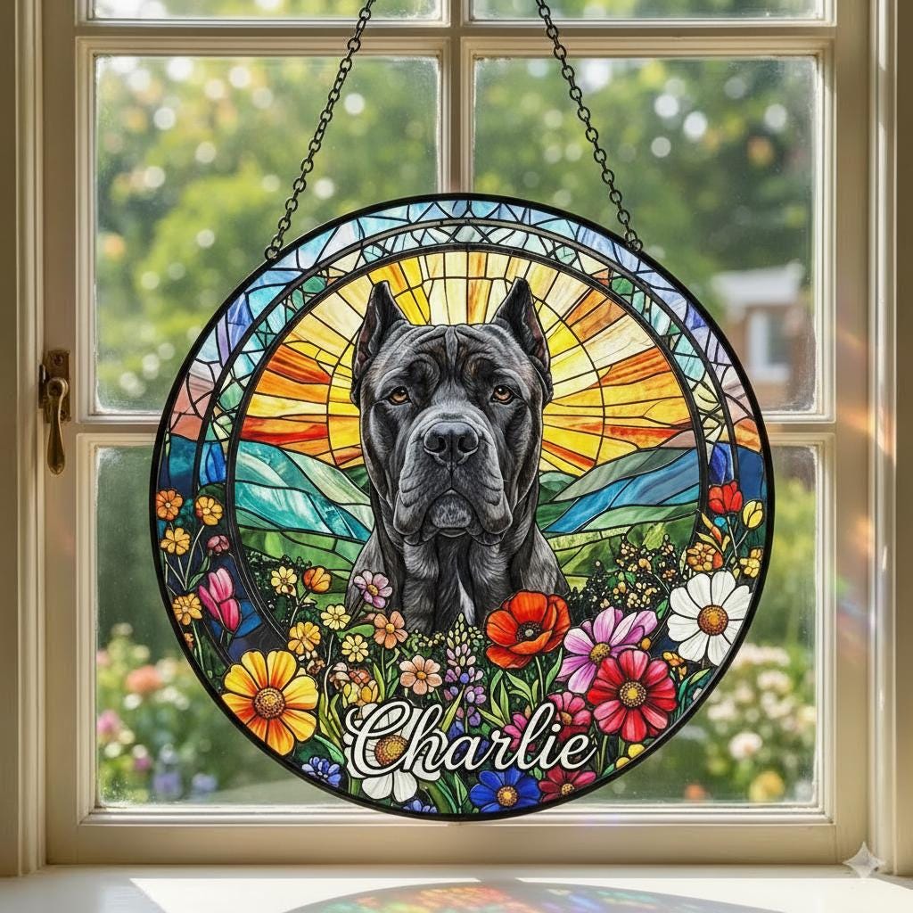 Personalized Cane Corso  Dog Portrait Stained Glass Suncatcher, Custom Pet Memorial Stained Glass Photo Suncatcher,Dog Loss Keepsake - image 2