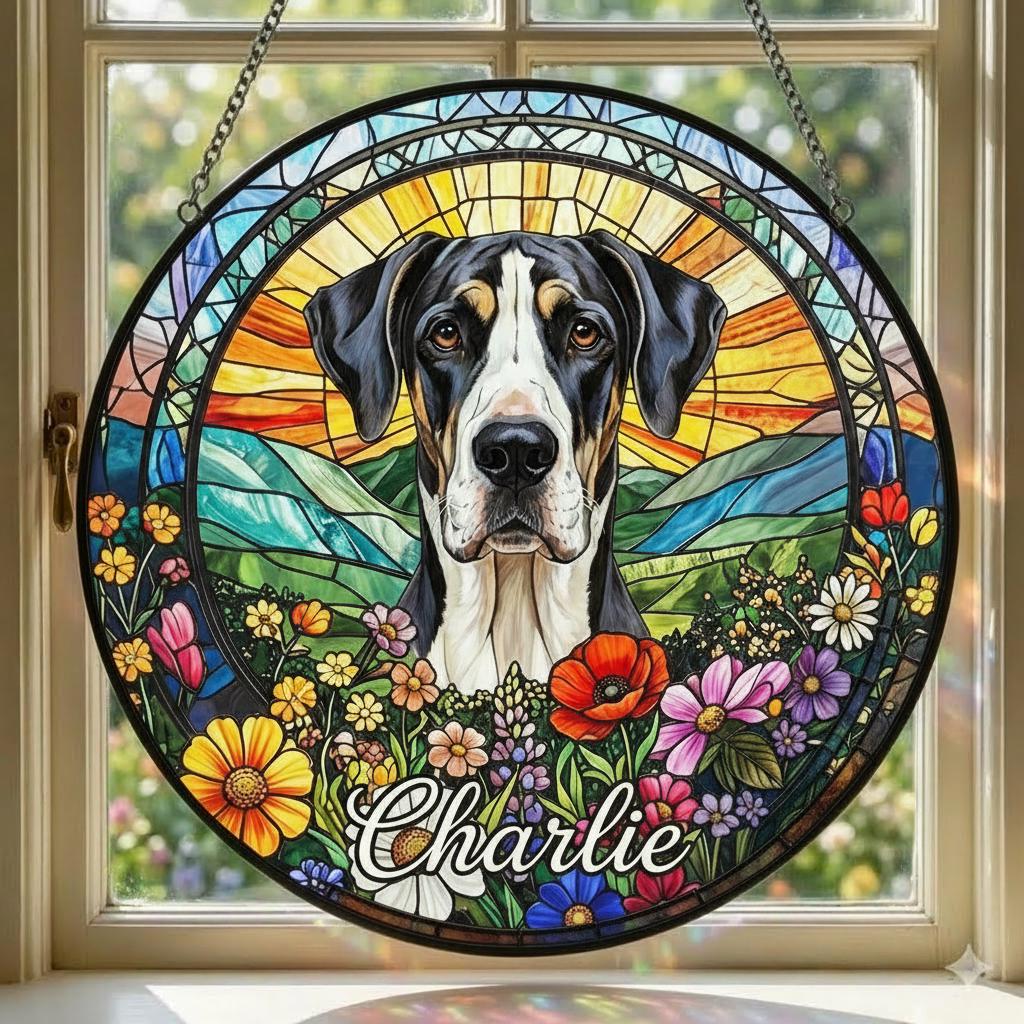 Personalized Great Dane  Dog Portrait Stained Glass Suncatcher, Custom Pet Memorial Stained Glass Photo Suncatcher,Dog Loss Keepsake