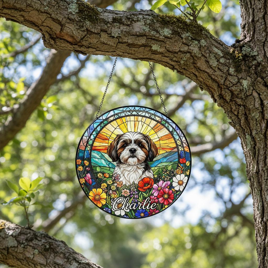Personalized Shih Tzu  Dog Portrait Stained Glass Suncatcher, Custom Pet Memorial Stained Glass Photo Suncatcher,Dog Loss Keepsake - image 4