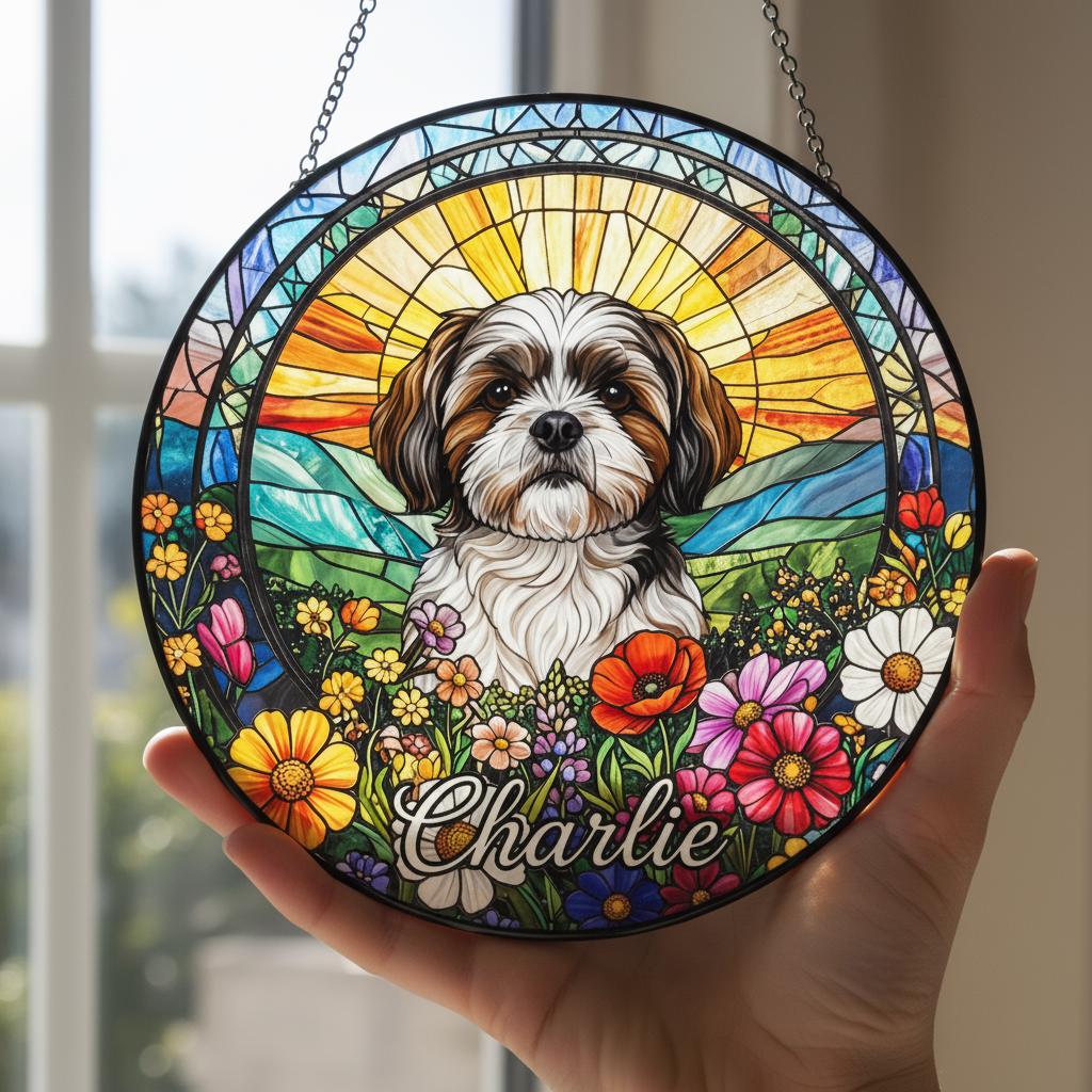 Personalized Shih Tzu  Dog Portrait Stained Glass Suncatcher, Custom Pet Memorial Stained Glass Photo Suncatcher,Dog Loss Keepsake - image 2