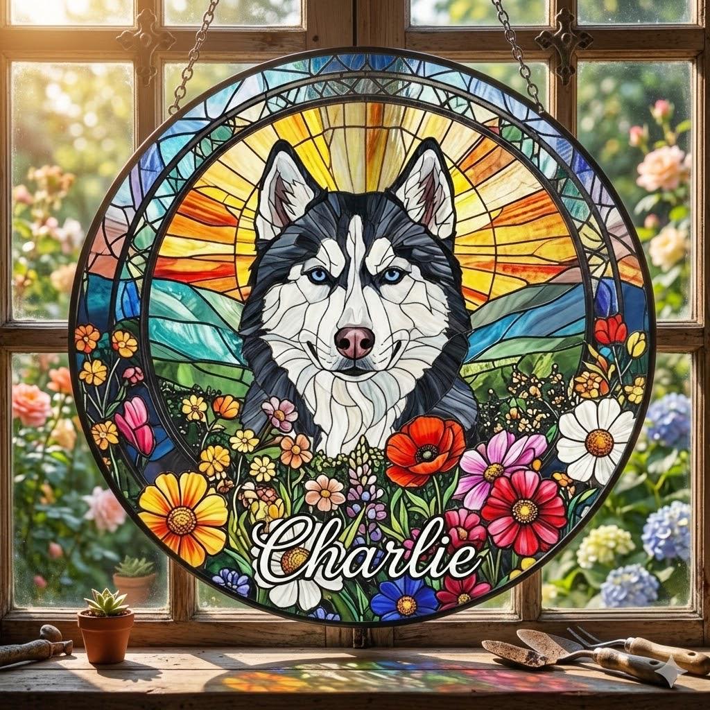 Personalized Siberian Husky    Dog Portrait Stained Glass Suncatcher, Custom Pet Memorial Stained Glass Photo Suncatcher,Dog Loss Keepsake