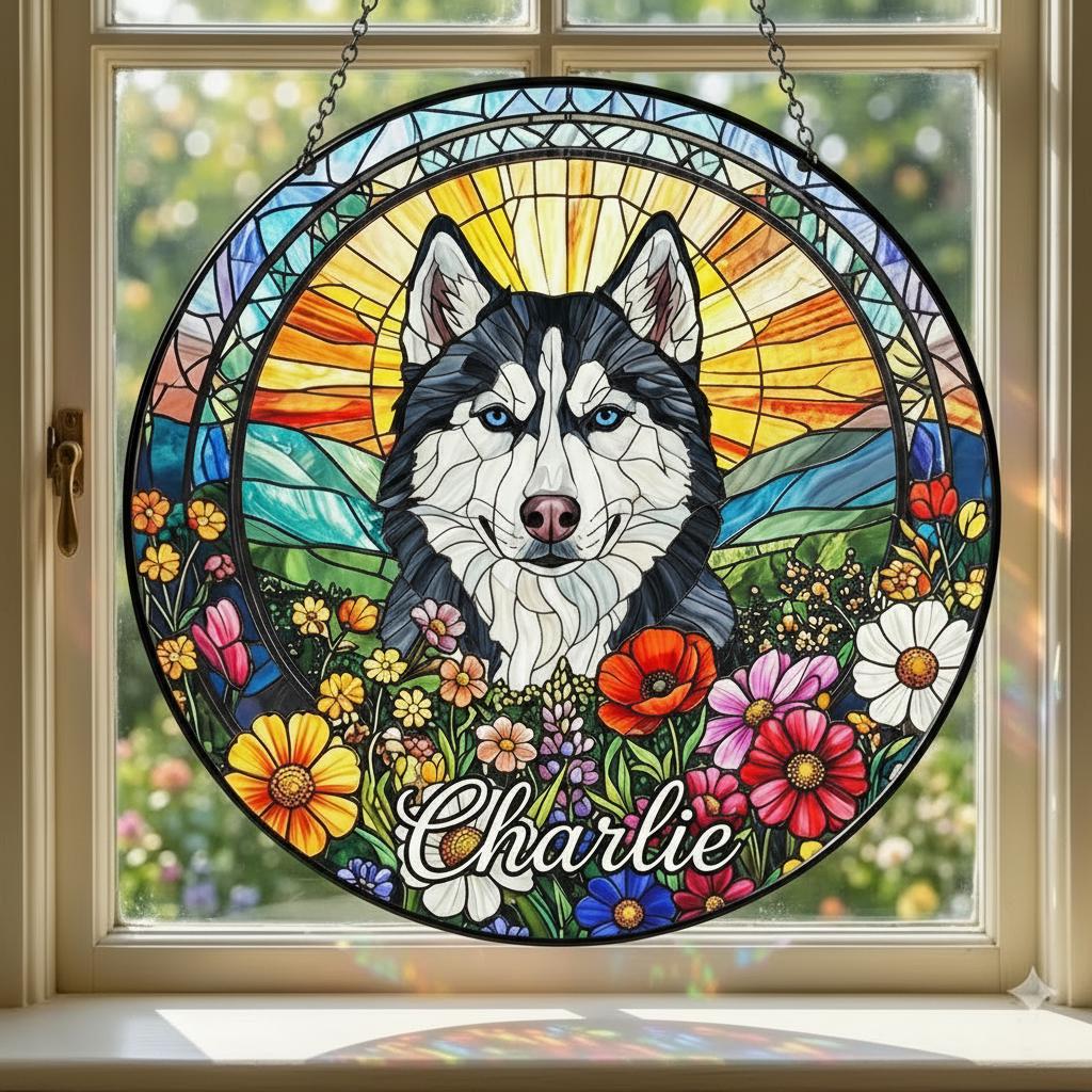 Personalized Siberian Husky    Dog Portrait Stained Glass Suncatcher, Custom Pet Memorial Stained Glass Photo Suncatcher,Dog Loss Keepsake - image 2