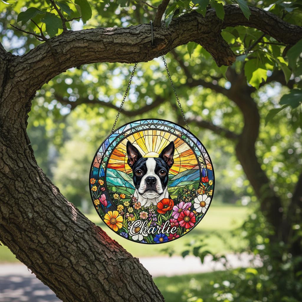 Personalized Boston Terrier Dog Portrait Stained Glass Suncatcher, Custom Pet Memorial Stained Glass Photo Suncatcher,Dog Loss Keepsake - image 4