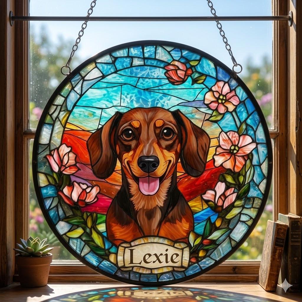 Custom Dachshund Dog  Portrait Stained Glass Suncatcher, Stained Glass Dog Memorial, Custom Dog Portrait from Photo, Sympathy Gifts