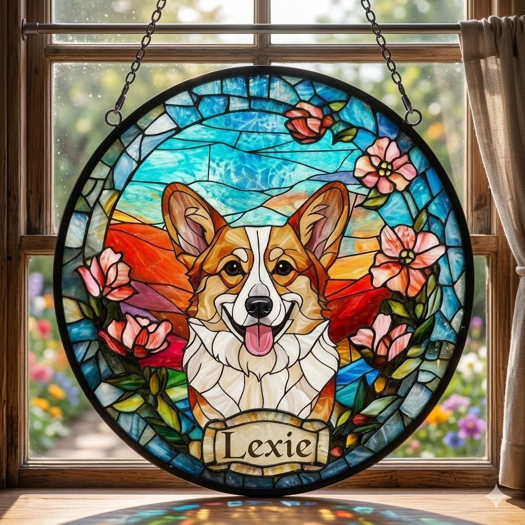 Custom Pembroke Welsh Corgi  Portrait Stained Glass Suncatcher,  Dog Memorial, Custom Dog Portrait from Photo, Sympathy Gifts