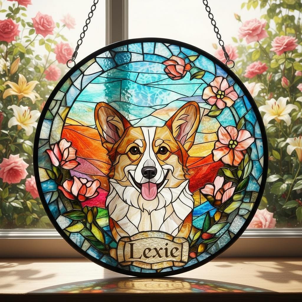Custom Pembroke Welsh Corgi  Portrait Stained Glass Suncatcher,  Dog Memorial, Custom Dog Portrait from Photo, Sympathy Gifts - image 2
